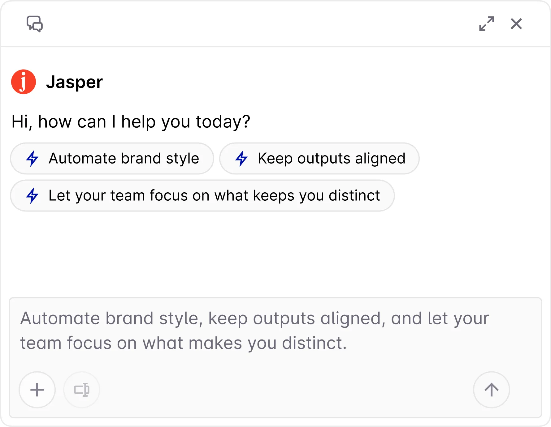 Chat window from Jasper assistant offering help with automating brand style, keeping outputs aligned, and letting the team focus on distinct qualities.
