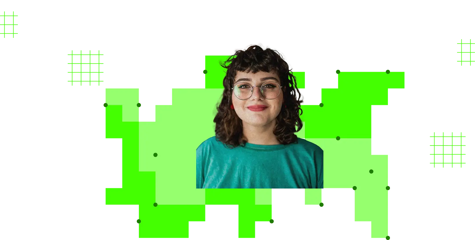 Smiling woman with curly hair, glasses, and teal shirt on a black background with green pixel shapes.