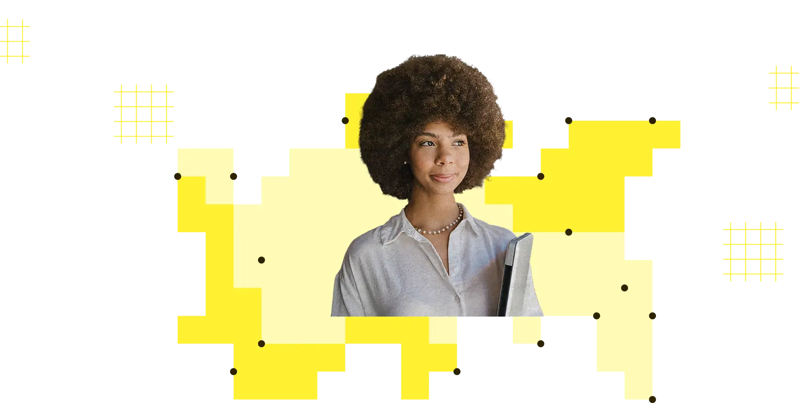 Smiling woman with afro holding a tablet against yellow abstract shapes with black dots and grids.