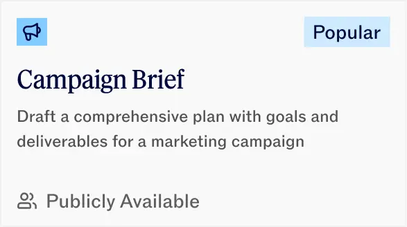Campaign Brief card labeled Popular, describing marketing plan goals and deliverables, publicly available.
