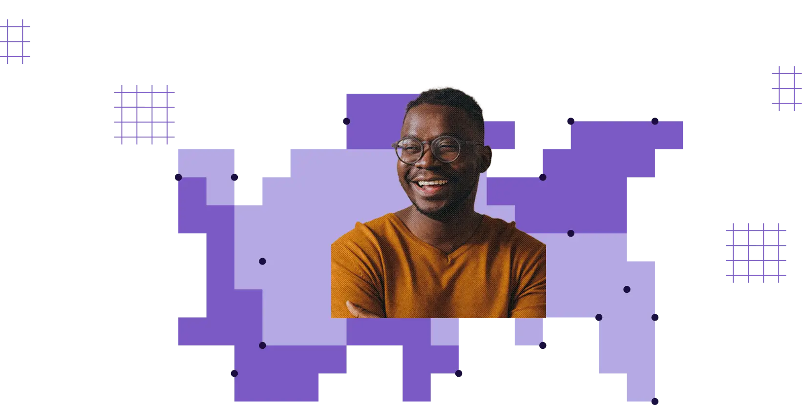 Smiling man with glasses and a mustard shirt on a background of purple geometric shapes.