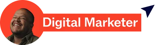 Smiling man with dark shirt next to bright orange banner text reading Digital Marketer with paper plane icon