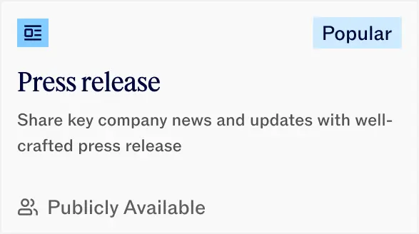 Card titled Press release with description about sharing company news and publicly available.
