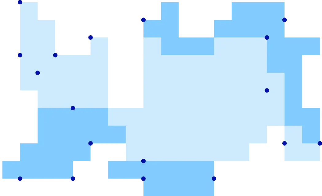Abstract blue pixelated pattern with various blue dots scattered across the image.