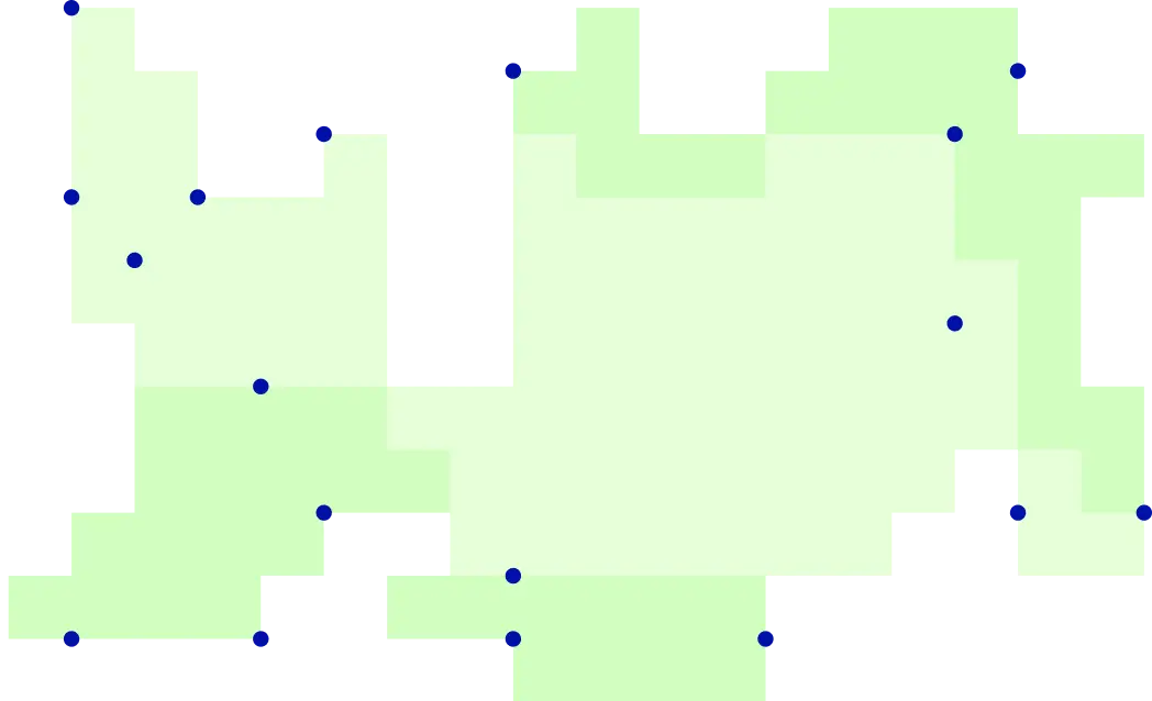Pattern of light green pixelated shapes with small dark blue dots scattered on a black background.