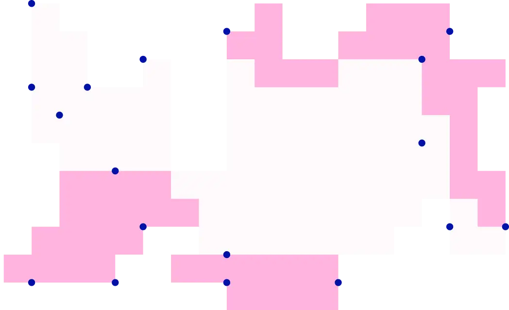 Abstract digital pattern with large pink and white blocks and small scattered blue dots on black background.