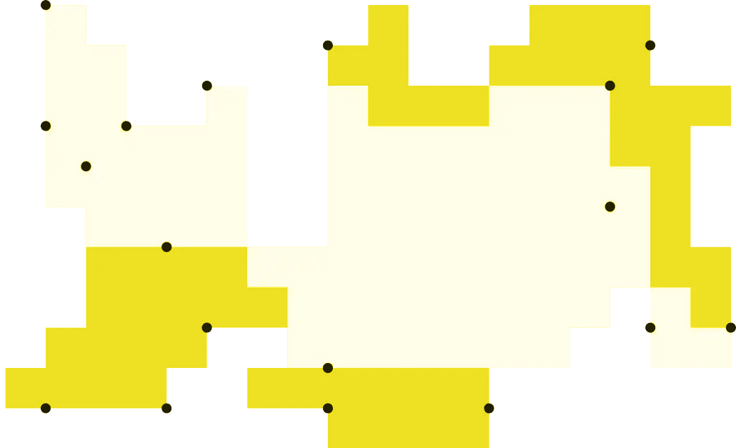Abstract yellow and white pixelated pattern with small dark dots on a transparent background.