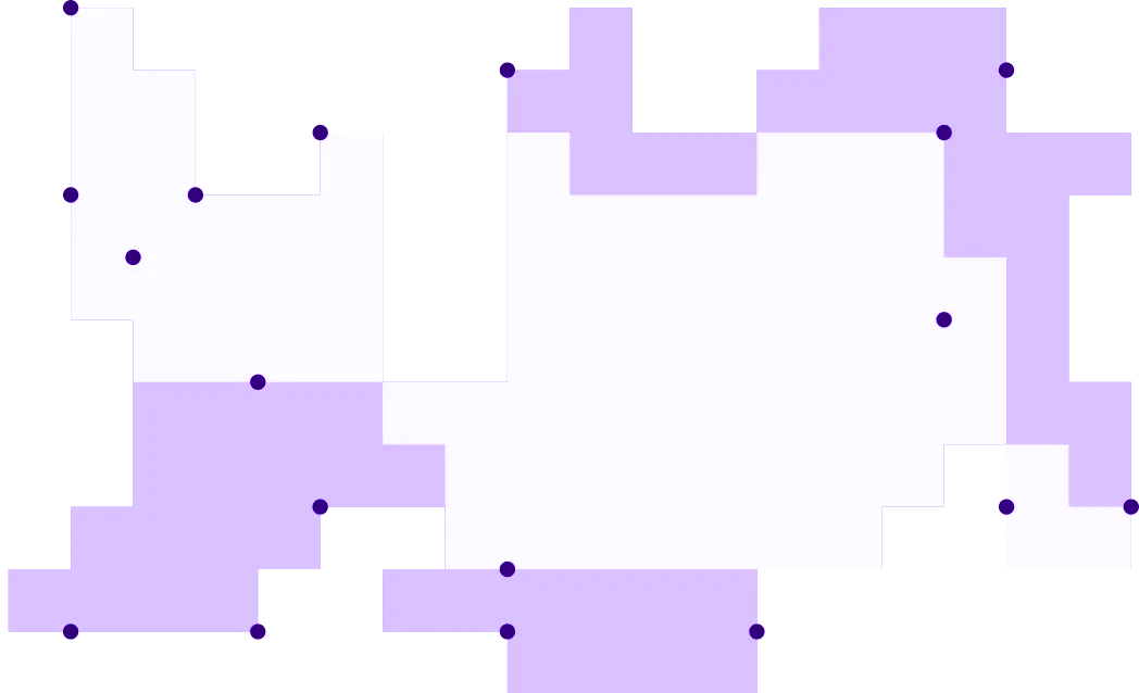 Abstract pattern of purple and white pixelated blocks with small dark purple dots scattered across.
